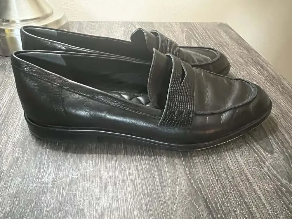 J.McLaughlin Black Leather Penny Loafers with Crinkle Strap Detail Size 9